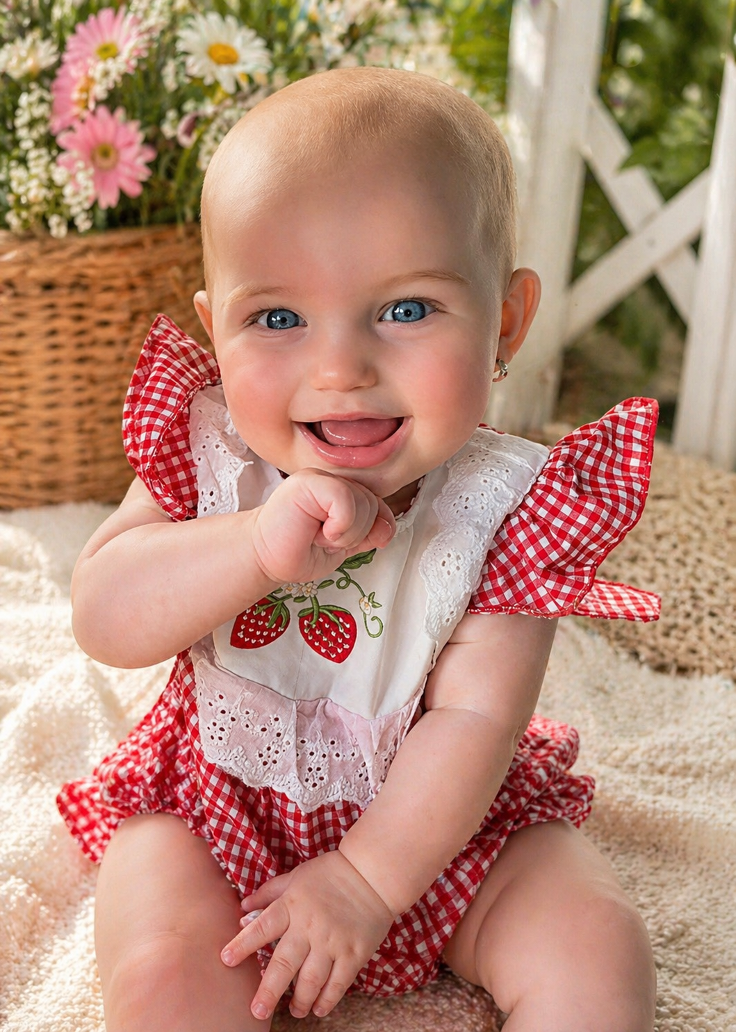 Strawberry Gingham Baby Romper – Vintage Style Size 3-6 months ￼