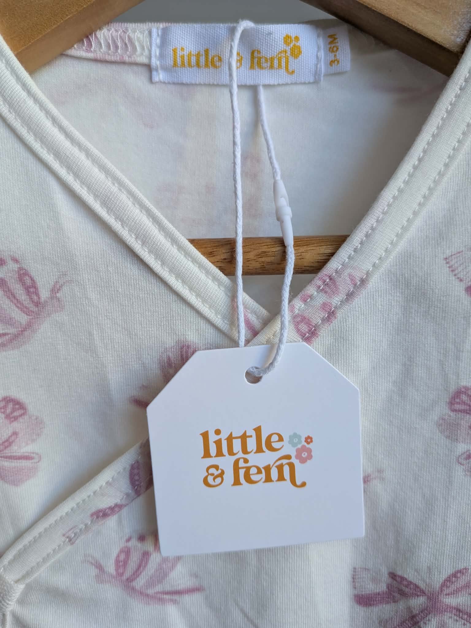 Little & Fern Wrap Bodysuit – Size 3-6 months| Pink Bow Print