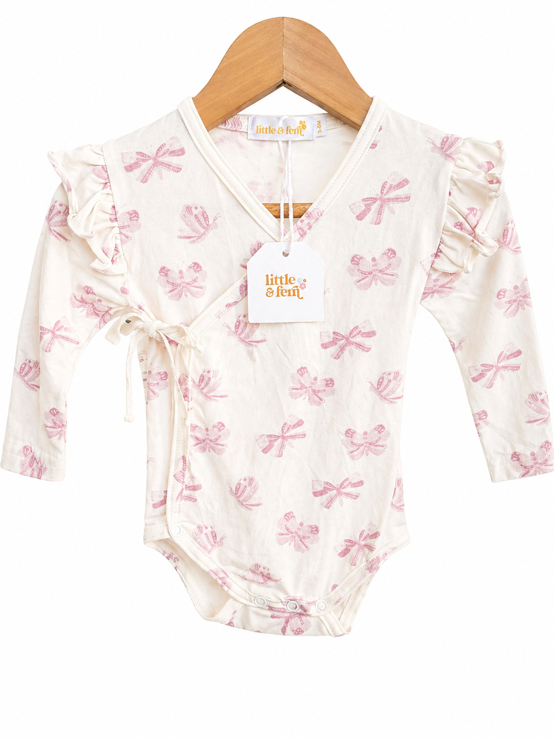 Little & Fern Wrap Bodysuit – Size 3-6 months| Pink Bow Print