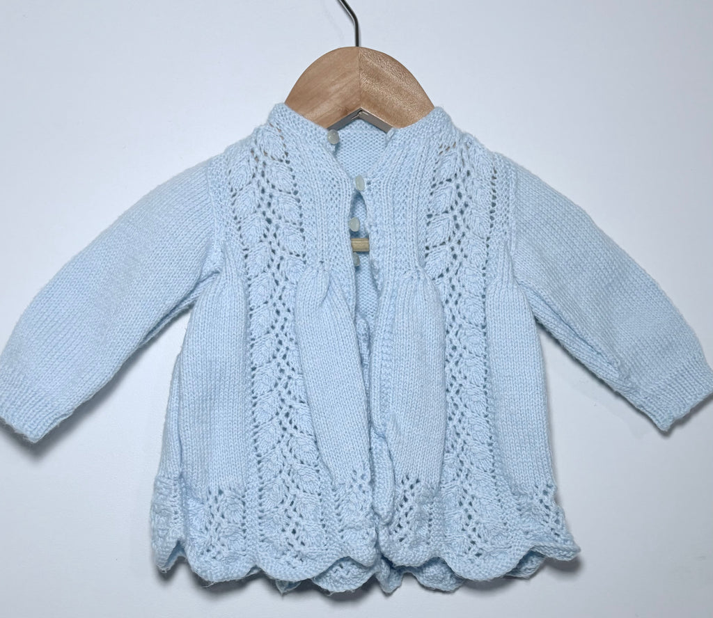 Vintage-Style Hand Knit Blue Cardigan – Size 0-3 months