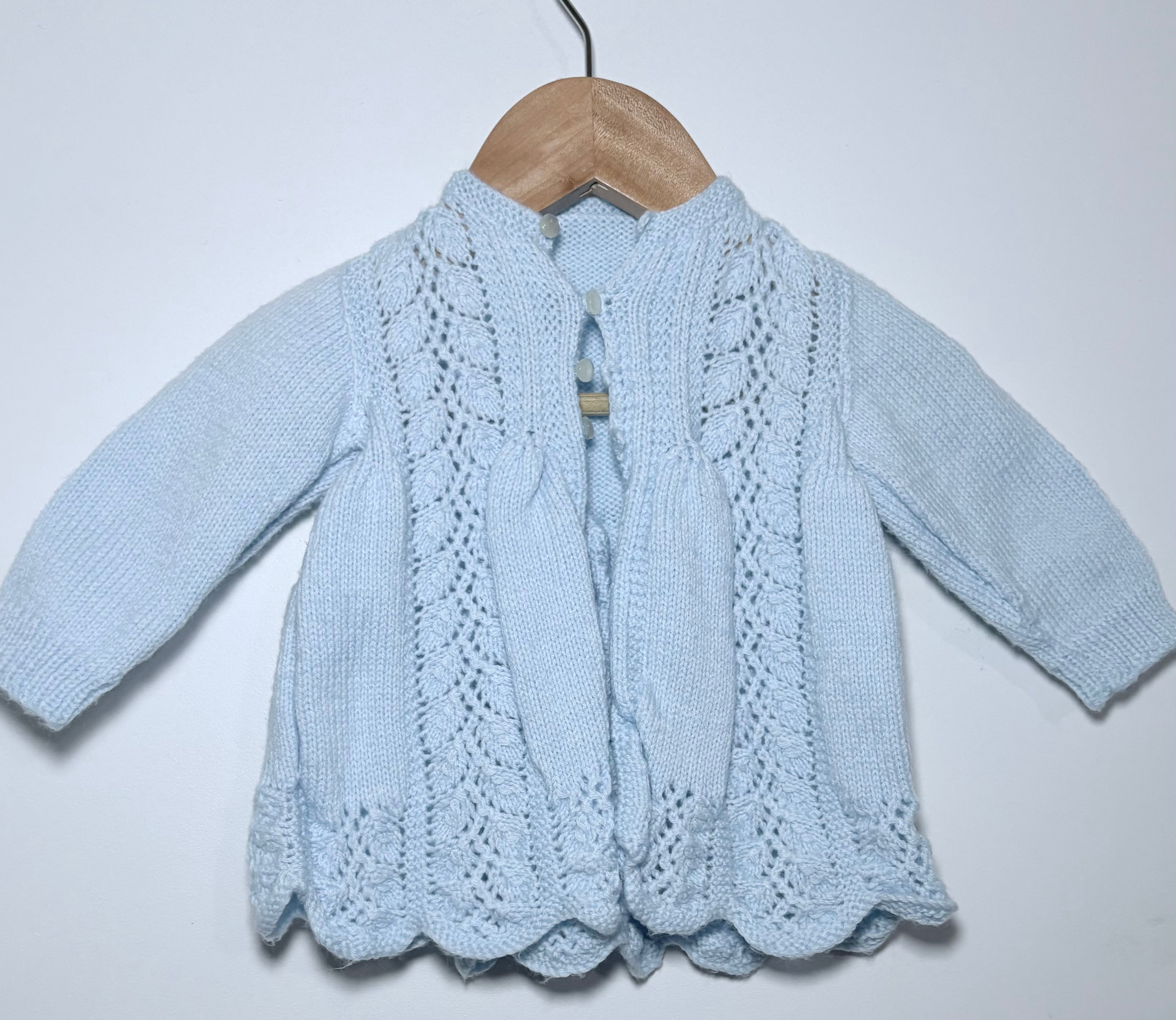 Vintage-Style Hand Knit Blue Cardigan – Size 0-3 months