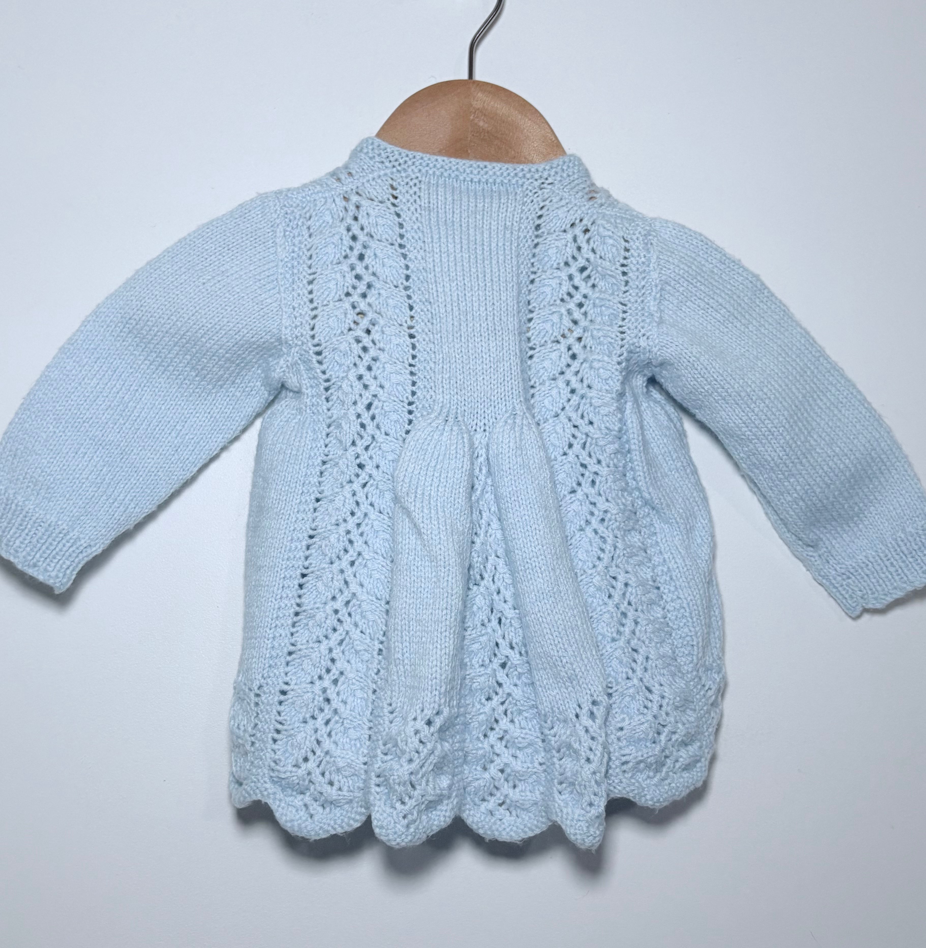 Vintage-Style Hand Knit Blue Cardigan – Size 0-3 months