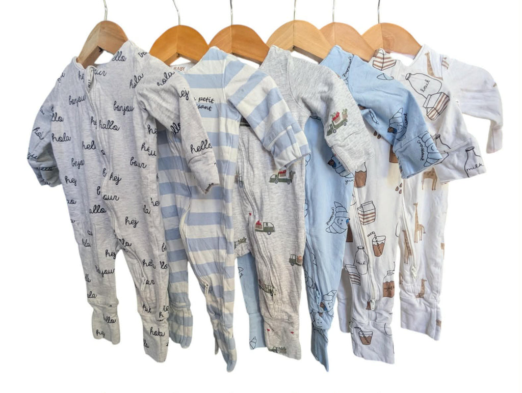 Littlie Organic Boy Print Long Sleeve Zip Rompers x 6-size 0-3 mths
