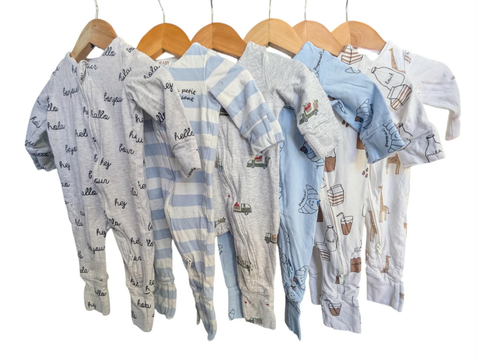 Littlie Organic Boy Print Long Sleeve Zip Rompers x 6-size 0-3 mths