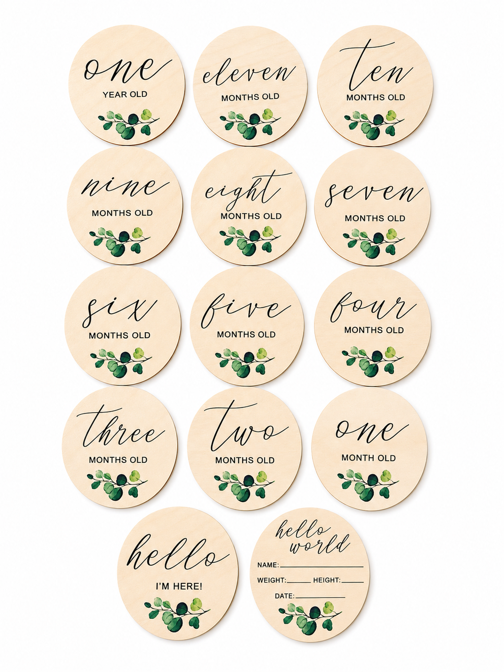🌿 Eucalyptus Wooden Baby Milestone Discs Set