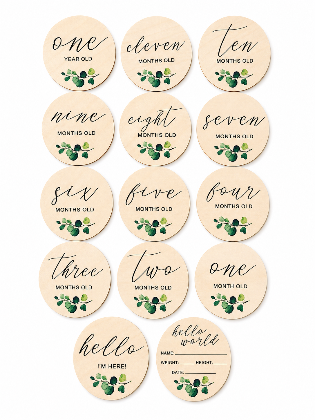 🌿 Eucalyptus Wooden Baby Milestone Discs Set