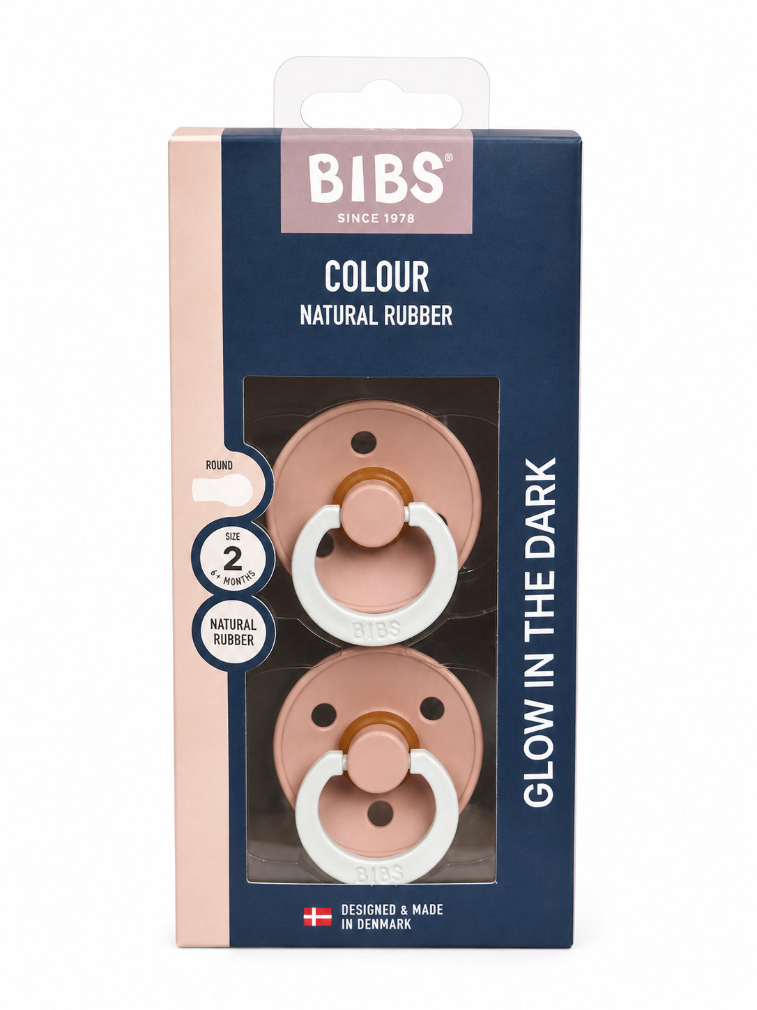 BIBS Glow in the Dark Dummy 2 Pack – Blush (Size 2)
