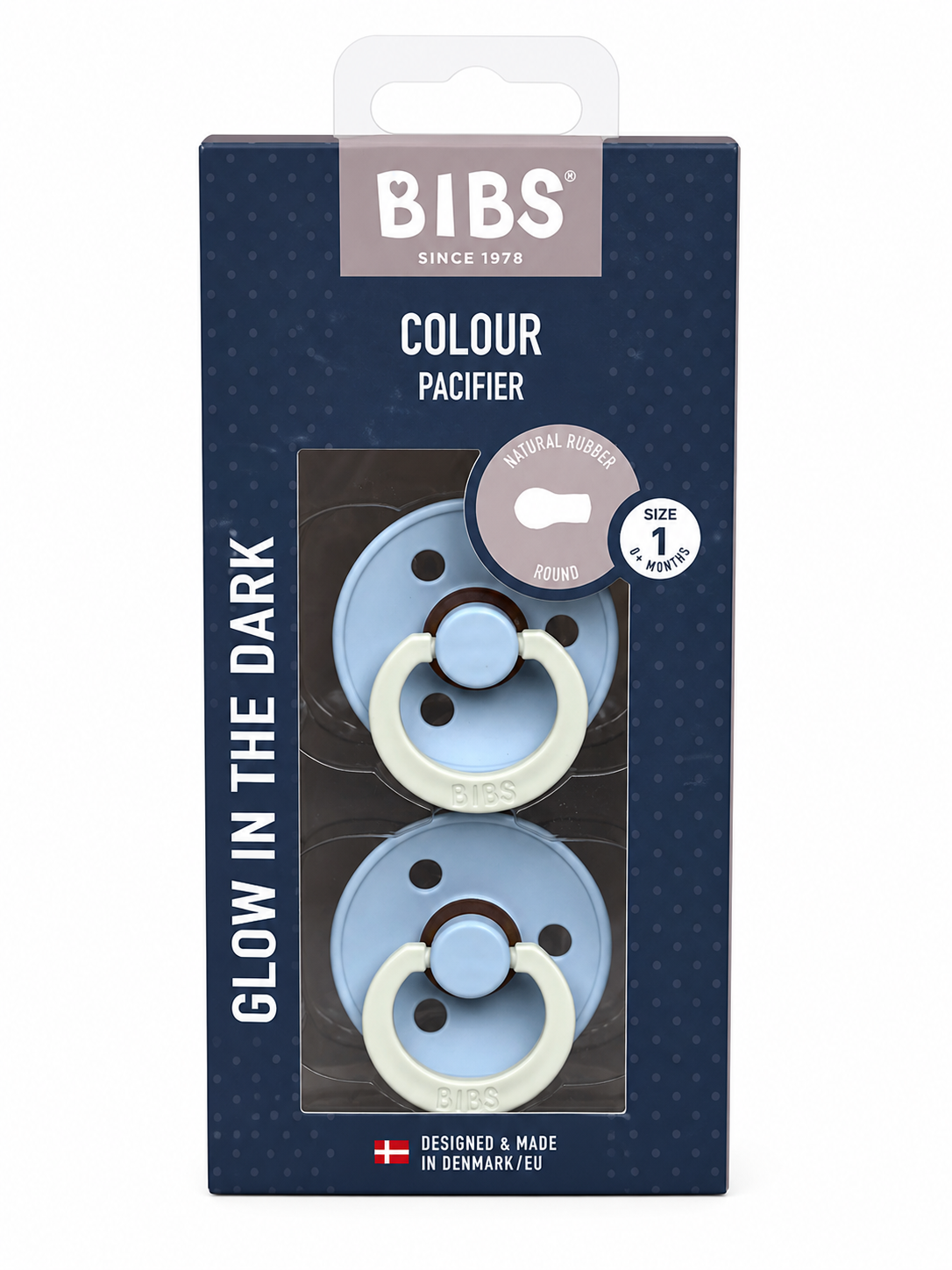 BIBS Glow in the Dark Dummy 2 Pack – Baby Blue (Size 1)