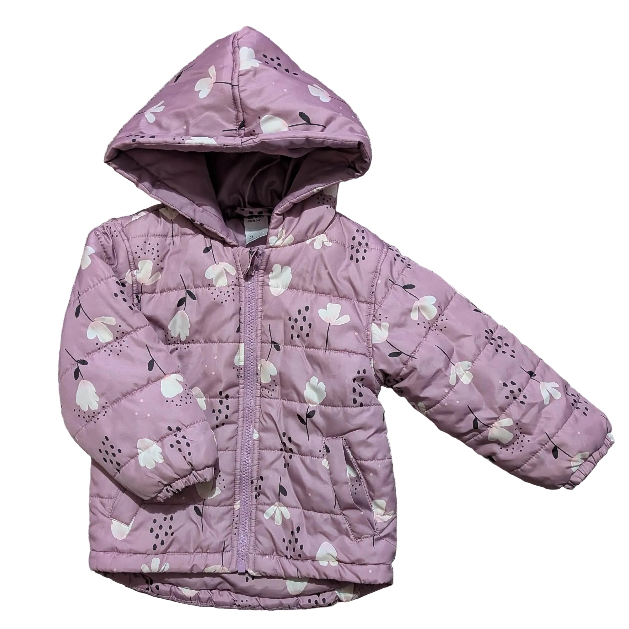 Anko Girls Puffer Jacket – Pink Floral (Size 3)