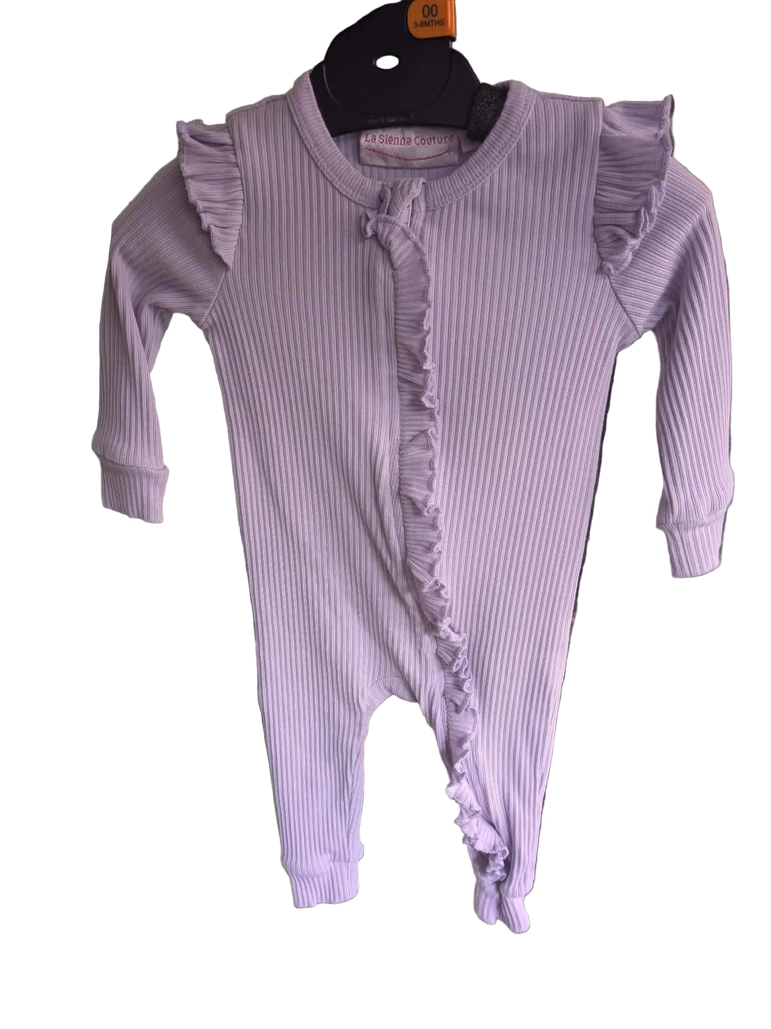 La Sienna Lilac Frill Ribbed Zip Romper- Size 0000