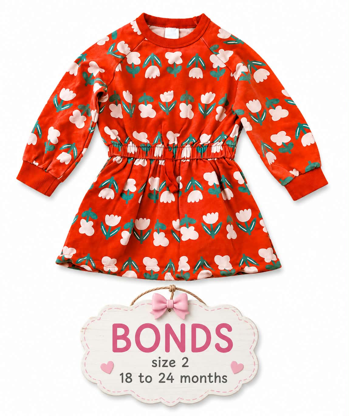 Bonds Floral Sweat Dress – Size 2 (18–24 Months)