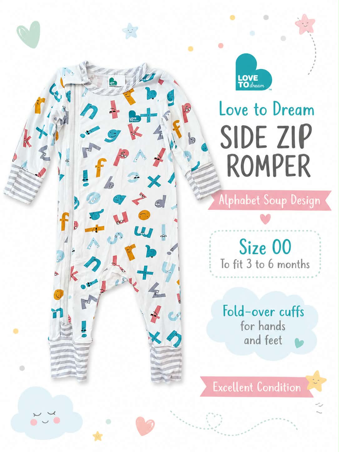 Love To Dream Side Zip Romper – Alphabet Soup Print | Size 00 (3–6 Months)