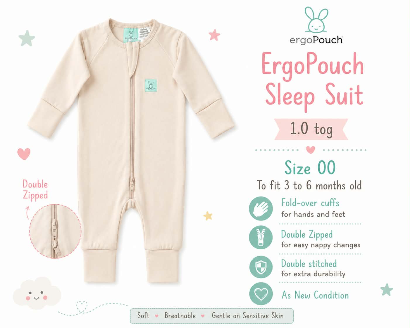 ErgoPouch Sleep Suit 1.0 TOG – Cream | Size 00 (3–6 Months)