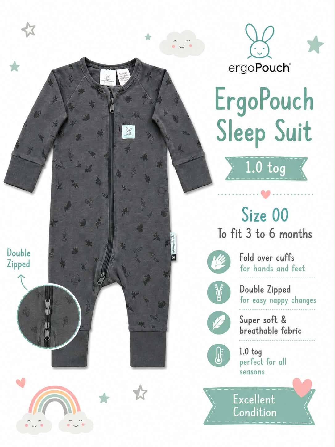 ErgoPouch Sleep Suit 1.0 TOG – Charcoal Print | Size 00 (3–6 Months)
