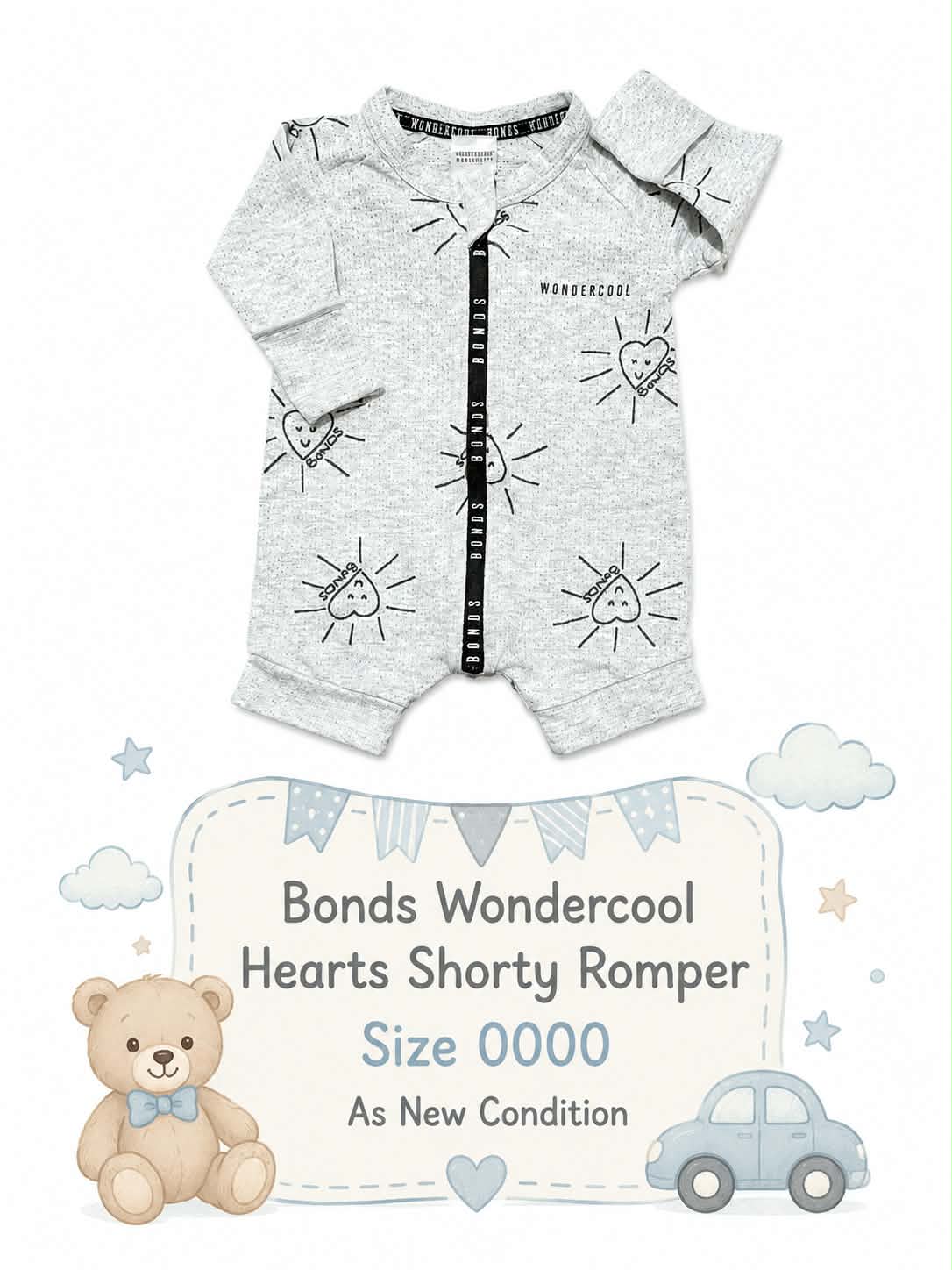 Bonds Wondercool Hearts Shorty Romper – Grey Marle | Size 0000