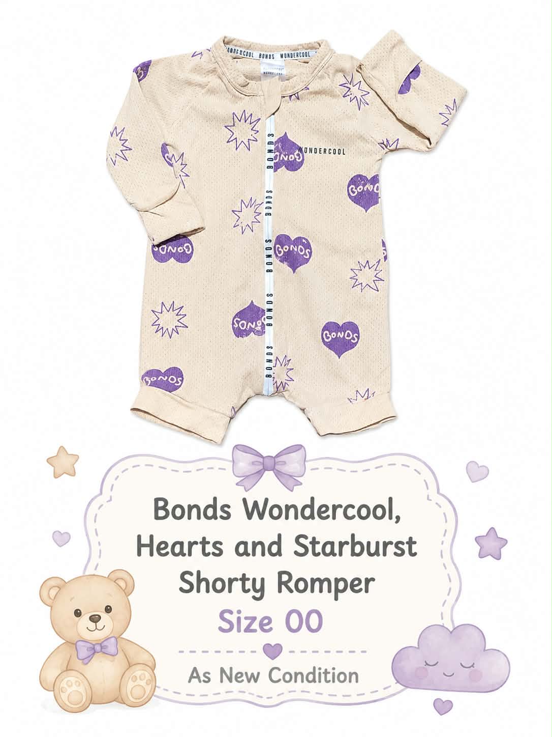 Bonds Wondercool Hearts & Starburst Shorty Romper – Size 00