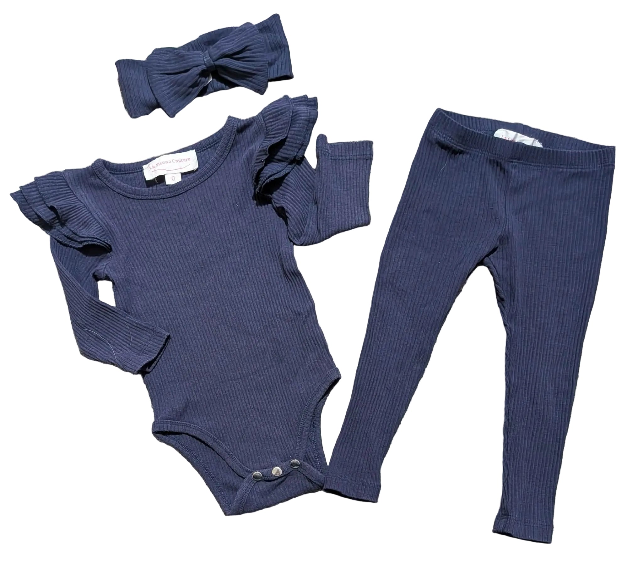 La Sienna Couture Ribbed 3-Piece Set (Headband, Bodysuit & Leggings) – Size 0