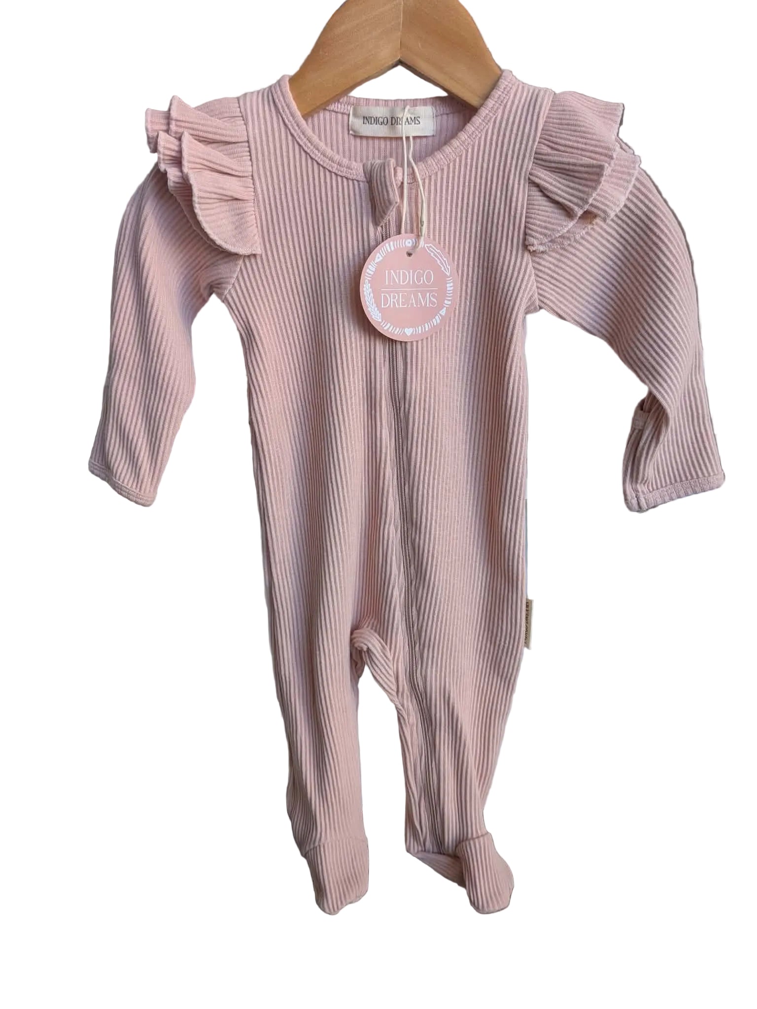 Indigo Dreams Ribbed Zip Romper – Size 00 (3–6 Months) | Dusty Pink
