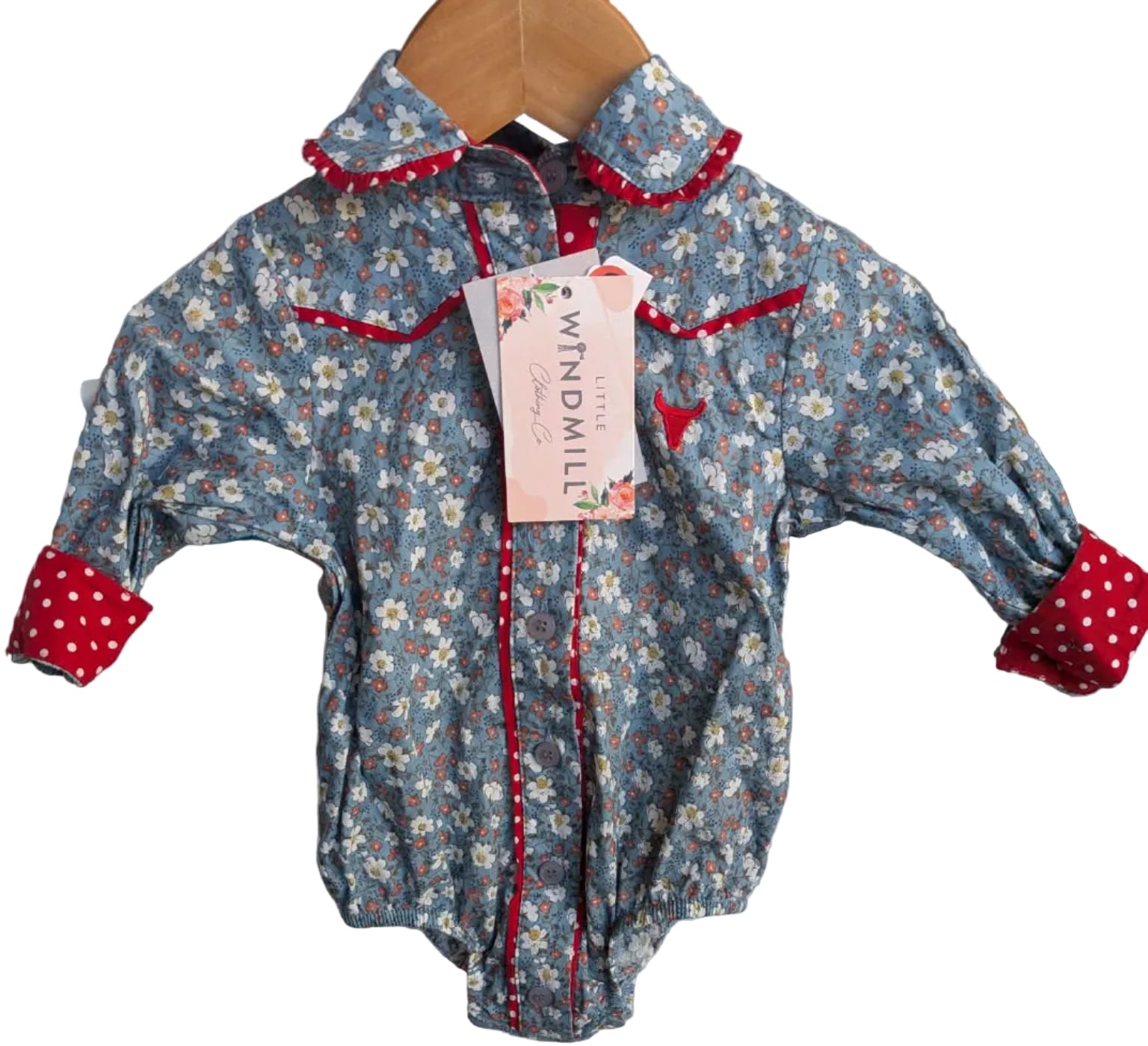 Little Windmill Floral Romper – Size 000 (0–3 Months) | Vintage Blue