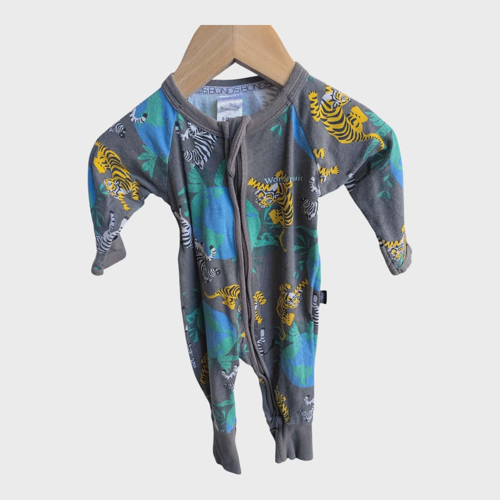 4 x  BONDS ZIPPY WONDERSUITS – SIZE 000(0-3 MONTHS)-OCEAN & ANIMAL PRINTS 🐅🐨🦂
