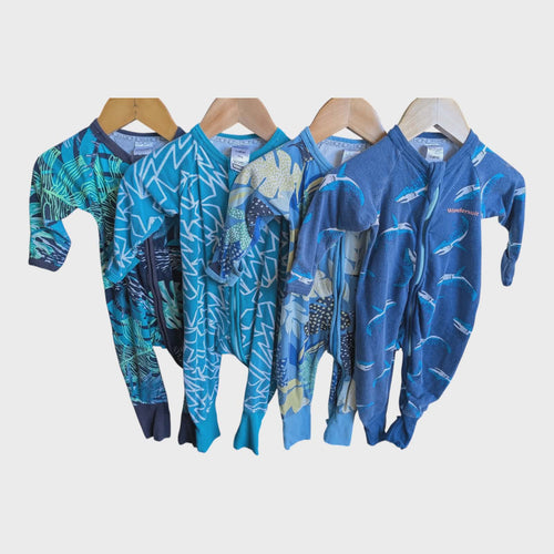 4 x  BONDS ZIPPY WONDERSUITS – SIZE 00(3-6 MONTHS)-OCEAN & FAUNA PRINTS 🦈🌴🌊