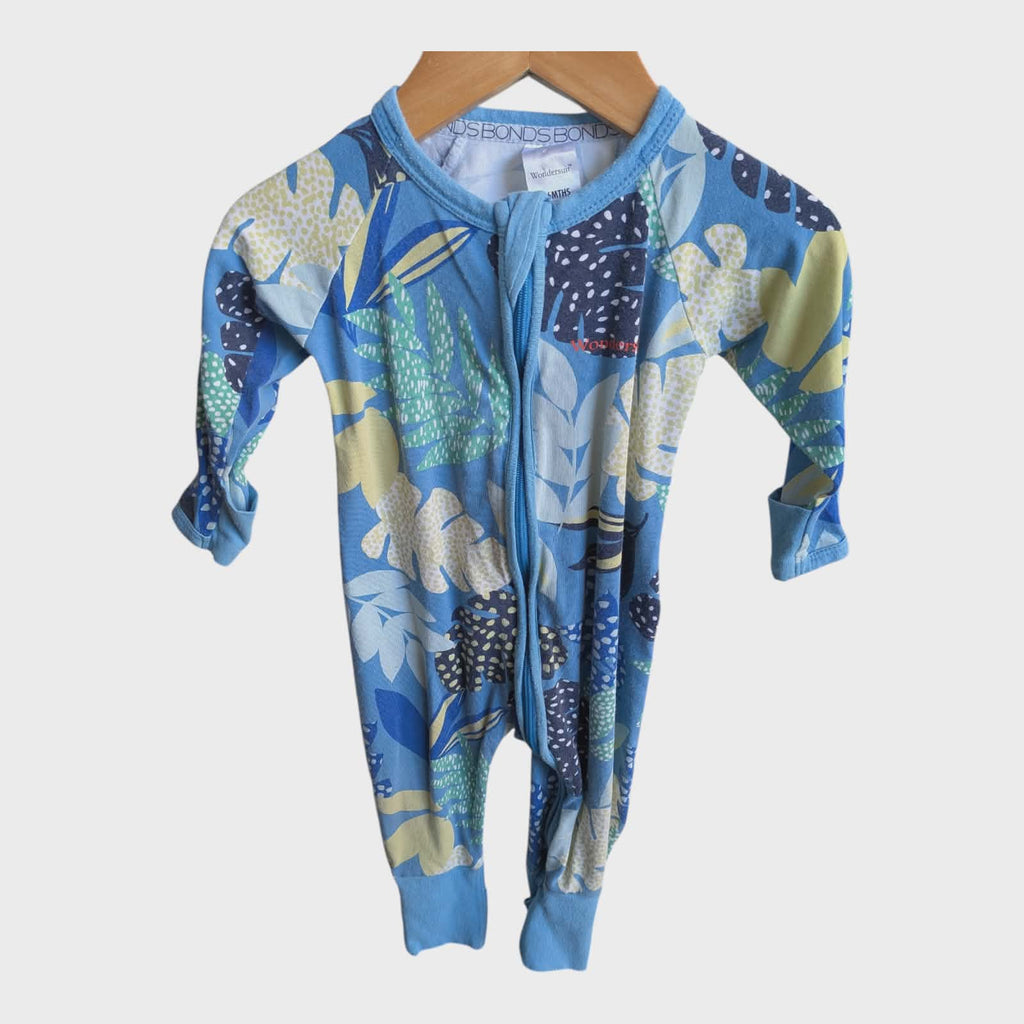4 x  BONDS ZIPPY WONDERSUITS – SIZE 00(3-6 MONTHS)-OCEAN & FAUNA PRINTS 🦈🌴🌊