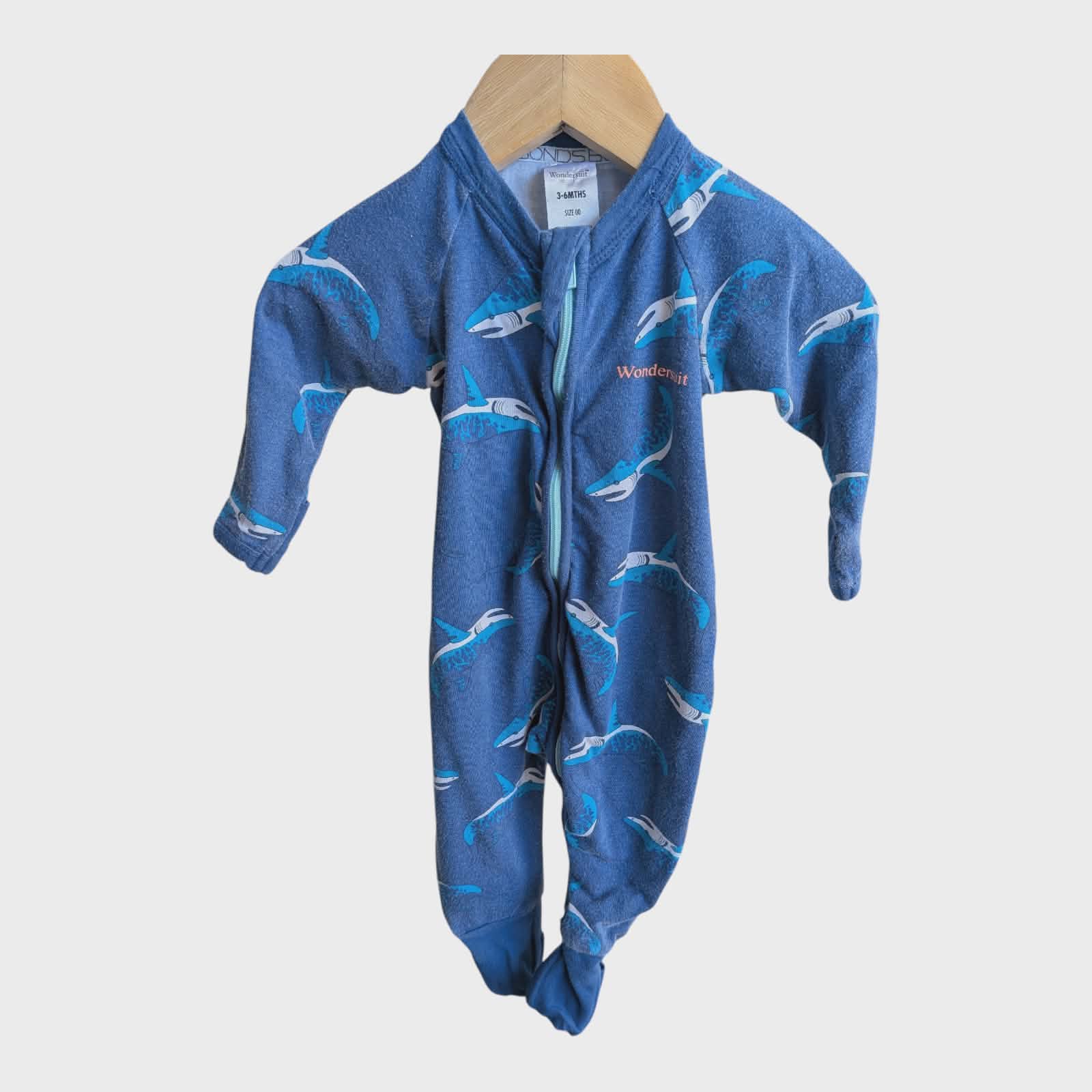 4 x  BONDS ZIPPY WONDERSUITS – SIZE 00(3-6 MONTHS)-OCEAN & FAUNA PRINTS 🦈🌴🌊