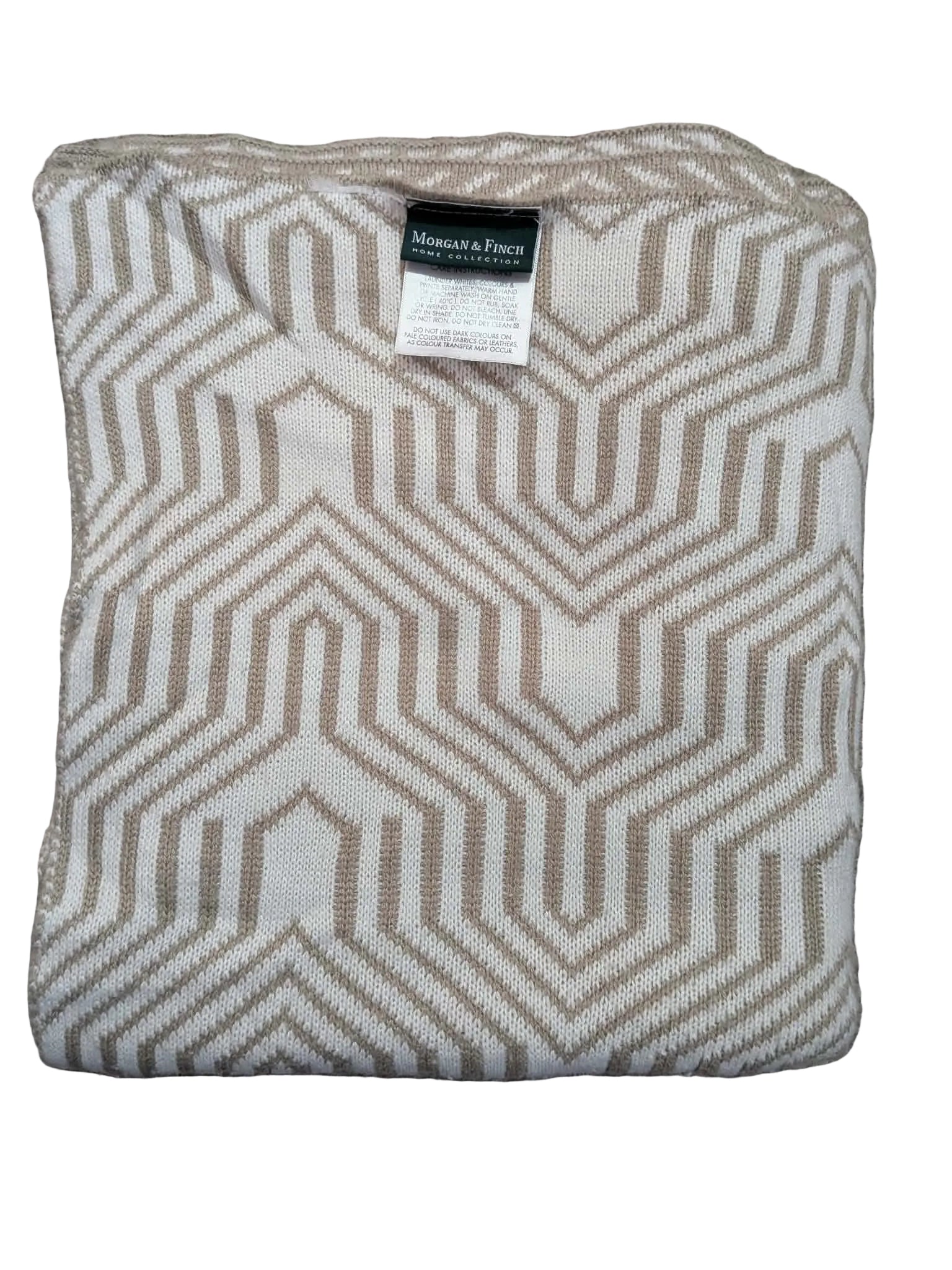 Morgan & Finch Neutral Knit Throw Blanket – Beige & White Geometric