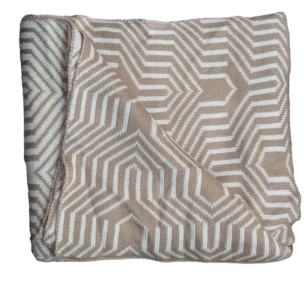 Morgan & Finch Neutral Knit Throw Blanket – Beige & White Geometric